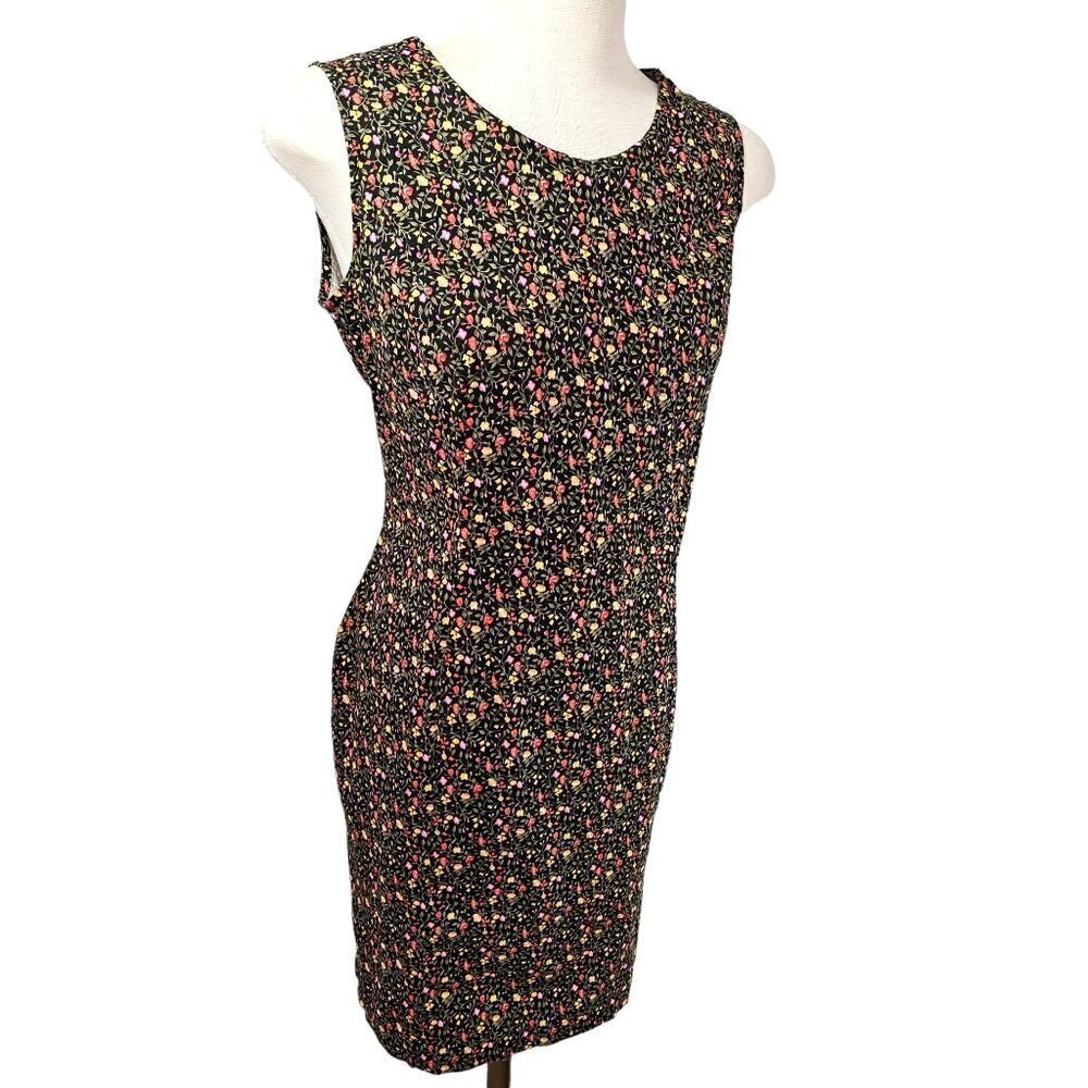 Betsy Lauren Y2K Sleeveless Cotton Sheath Dress Sz 12P Stretch Floral on Black - Picture 3 of 9